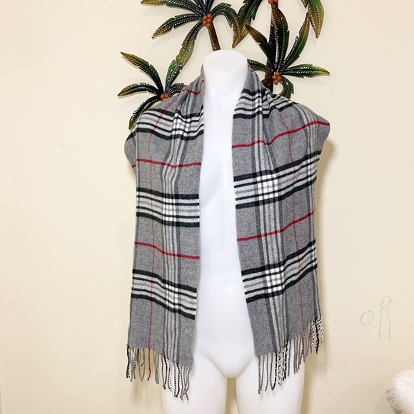 Accessories - Grey tartan plaid fringe scarf